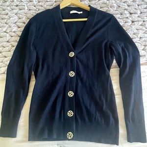 Tory Burch Merino Wool Cardigan with Logo Buttons in Navy Blue